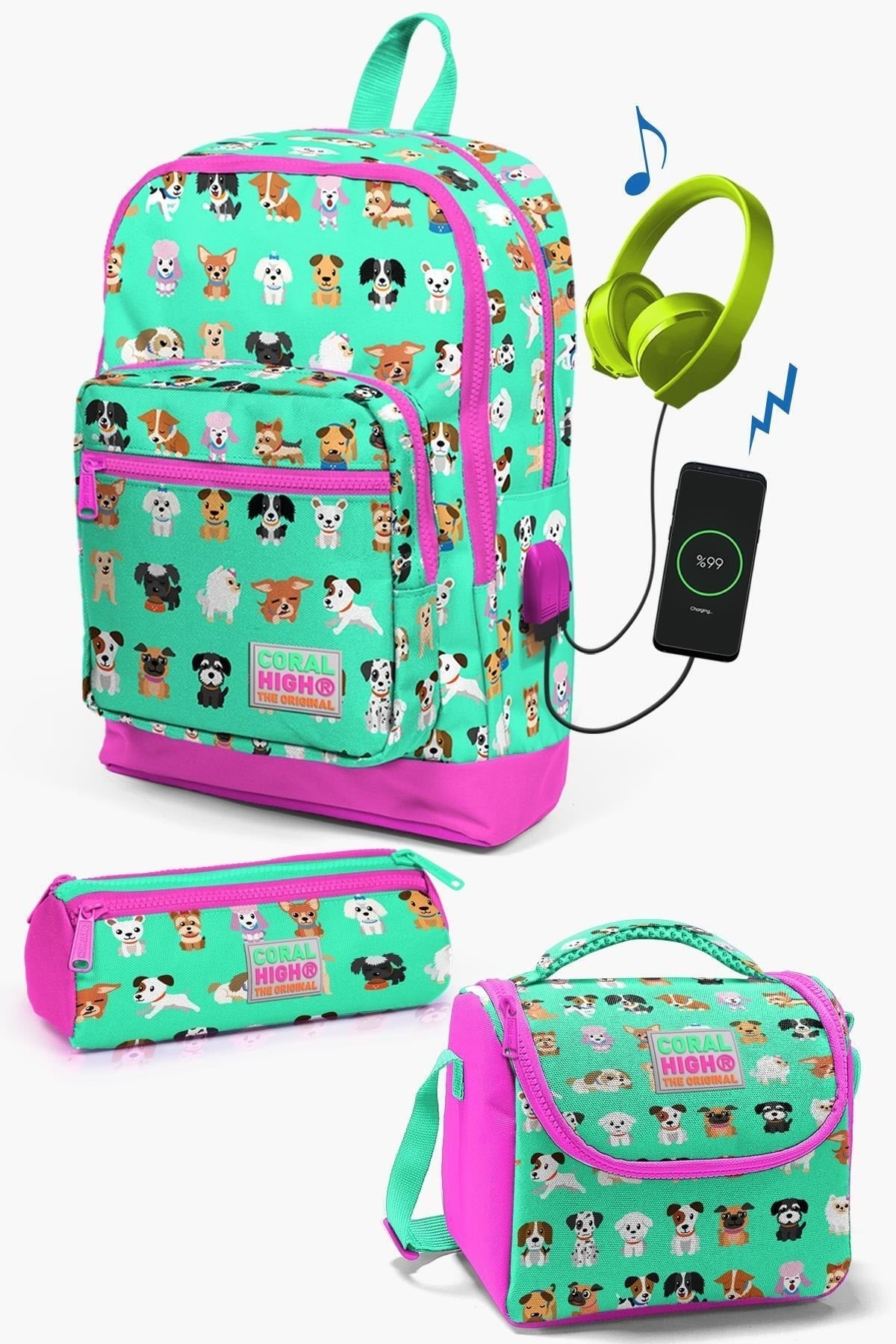 Kids Water Green Neon Pink Dog Pattern Usb 3 Pcs School Bag Set Set0123266