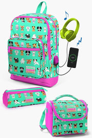 Kids Water Green Neon Pink Dog Pattern Usb 3 Pcs School Bag Set Set0123266