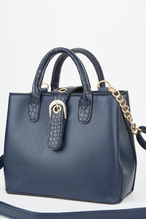 Women'S Navy Blue Croco Handle 2 Compartment Snap Zipper Closure Hand And Shoulder Bag With Strap