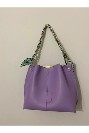 Women'S Lilac Scarf Chain Accessory Soft Leather 3-Compartment Hand, Arm And Shoulder Bag