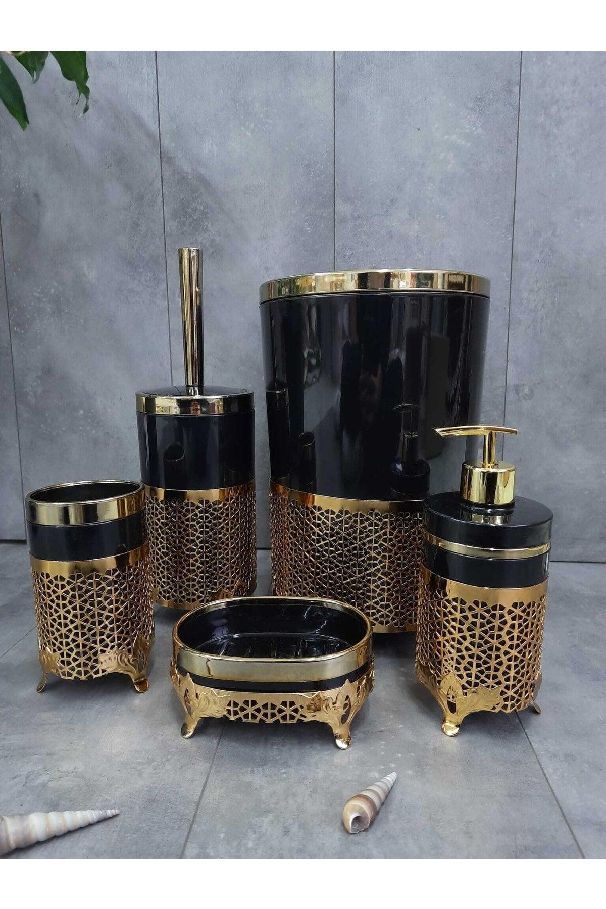 Avangard Black and Gold Embroidered 5 Pcs Bathroom Set - Swordslife