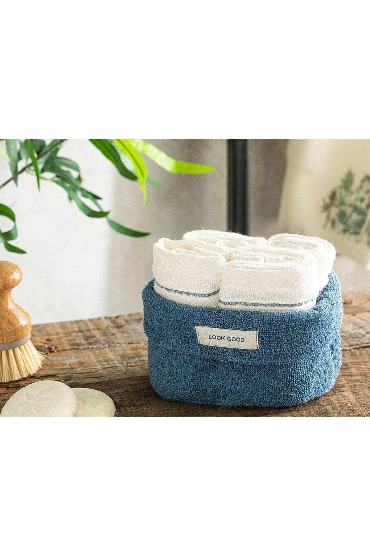 Quadro Cotton Towel Set of 4 30x40 Cm Cobalt Blue-ecru - Swordslife