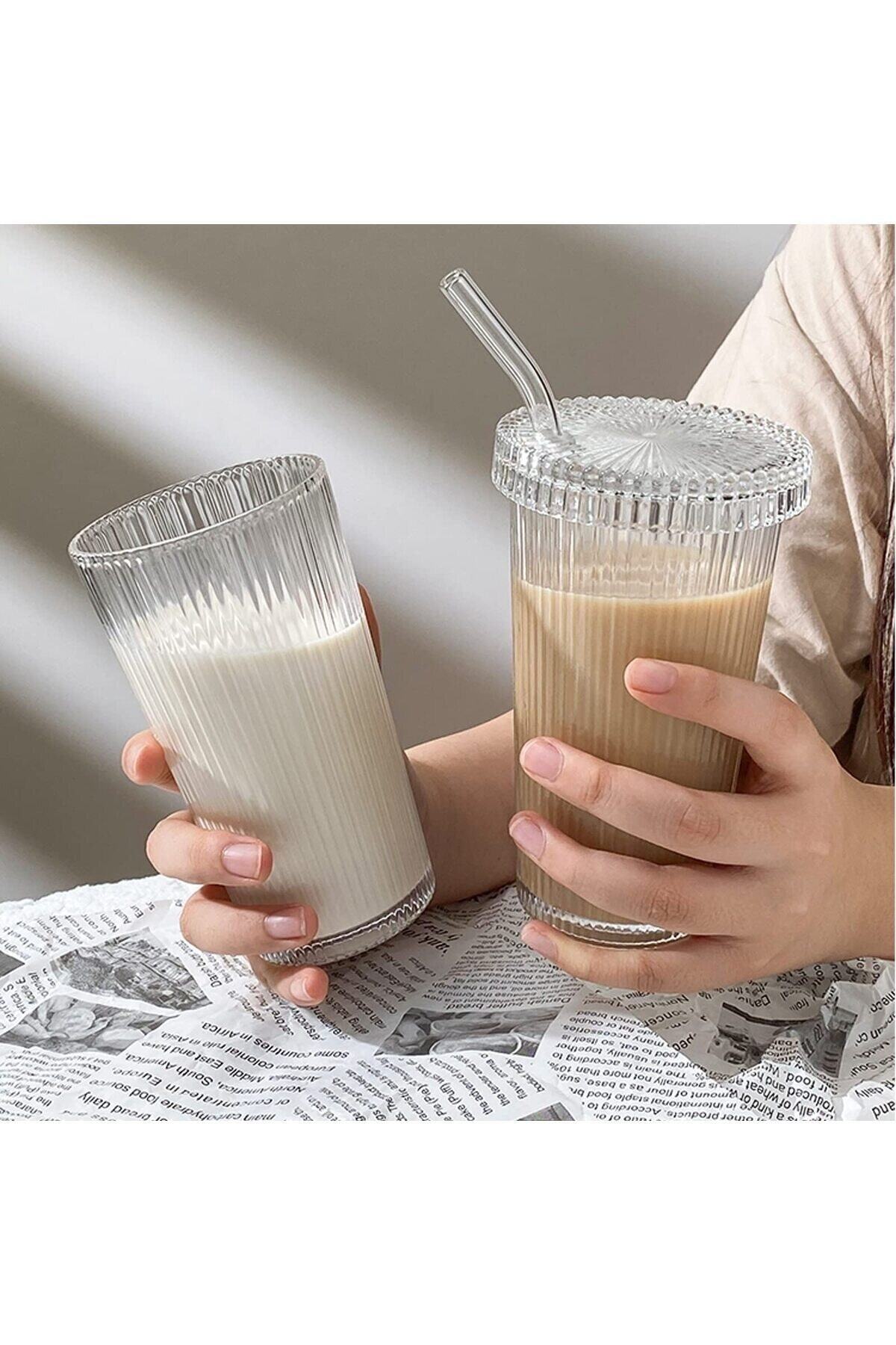 2 Pieces 600 Ml Mica Origami Style Glass Cup with Straw with Lid Origami Style Cold Coffee Soft Drink Glass