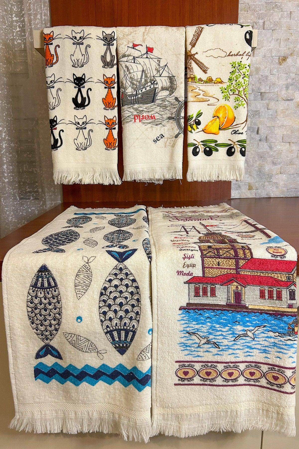 5 Piece Fringed Cotton 40x60 cm Printed Towel Set Hand Face Kitchen Towel Soft Patterned Water Absorbent Set - Swordslife