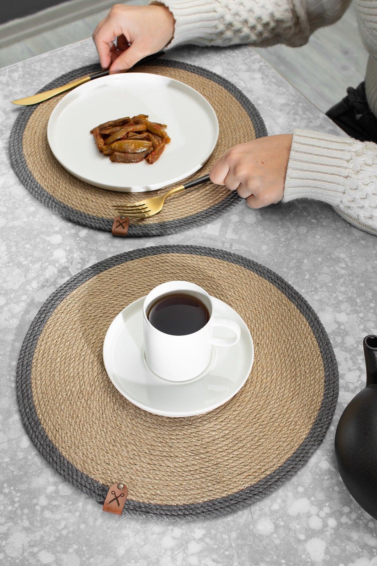 2 Pieces 32cm Round Gray Striped Placemats Straw Jute Knitted Base Presentation Set - Swordslife