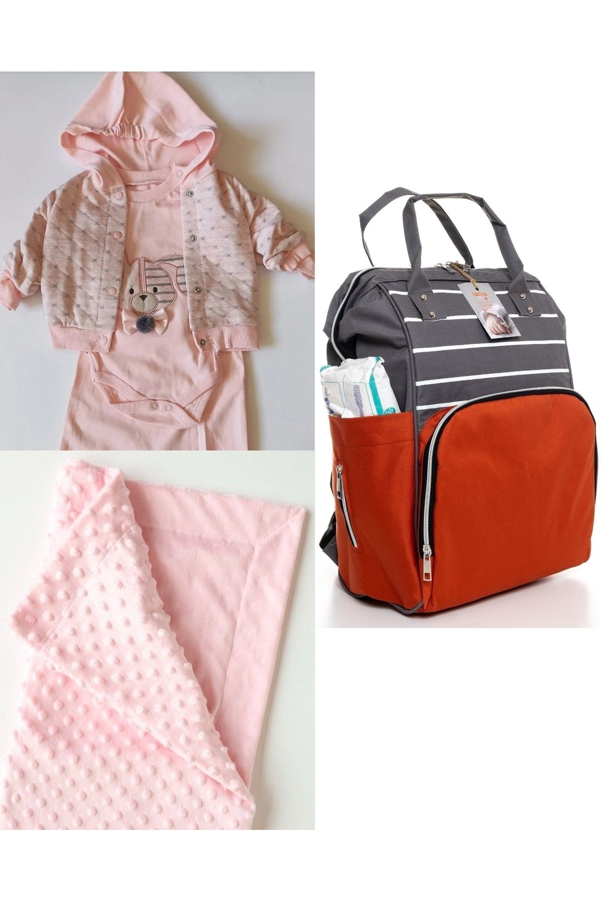 Functional Mother Baby Care Backpack, 100% Cotton Hospital Outlet And Chickpea Blanket Set