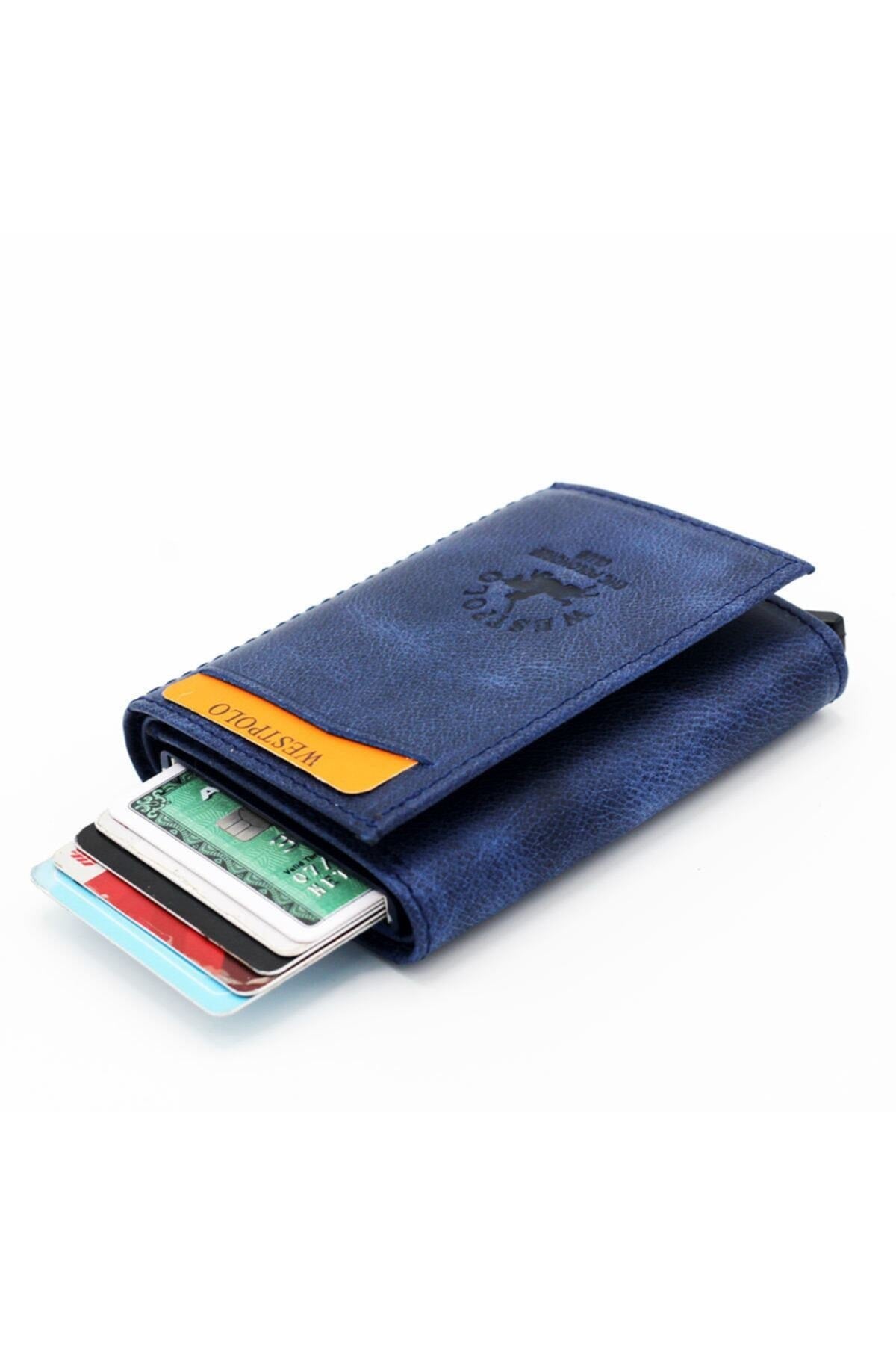 Men'S Navy Blue Leather Mechanism Wallet Card Holder