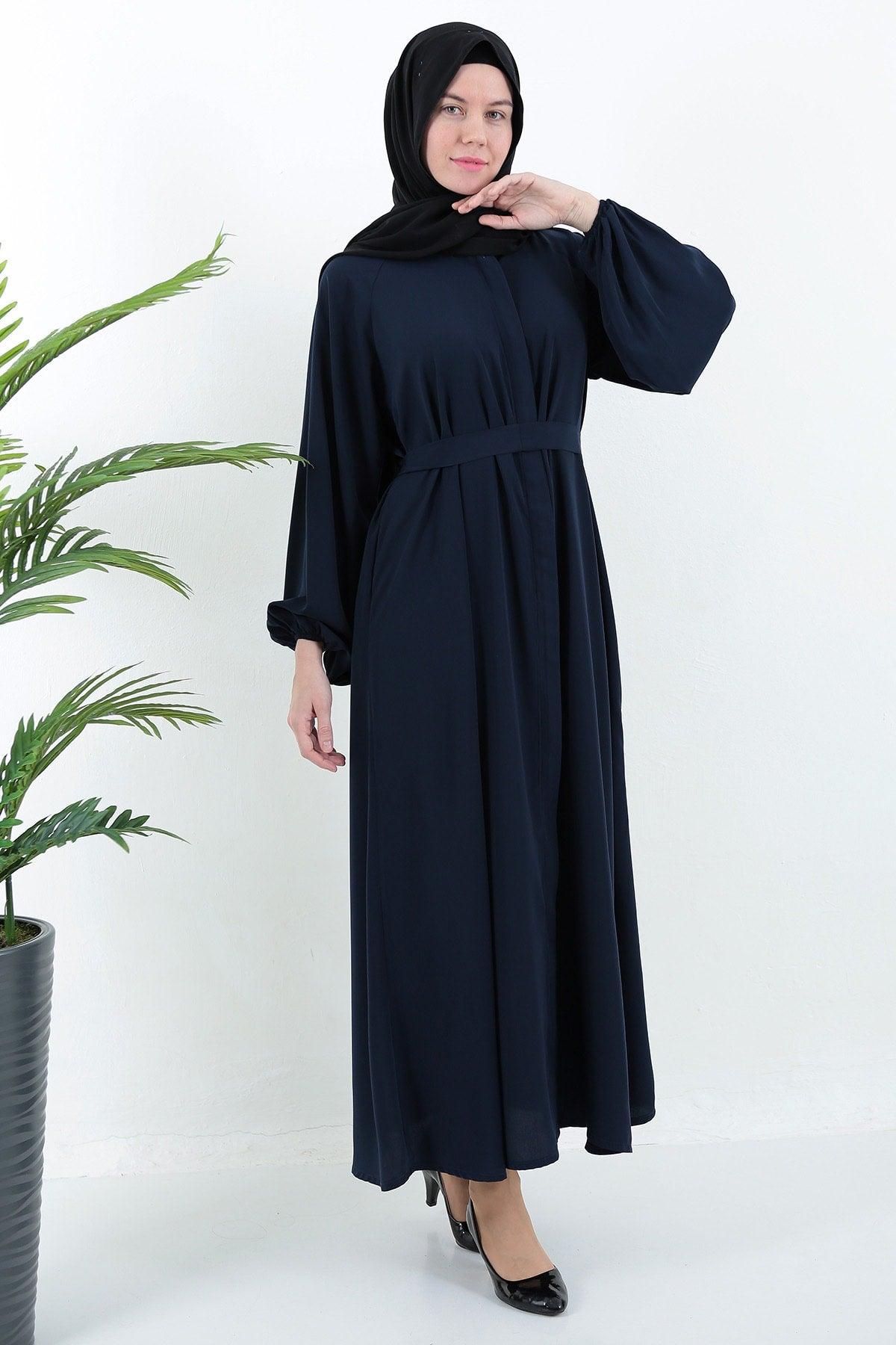 Navy Blue Zippered Belted Pocket Abaya Hijab - Swordslife