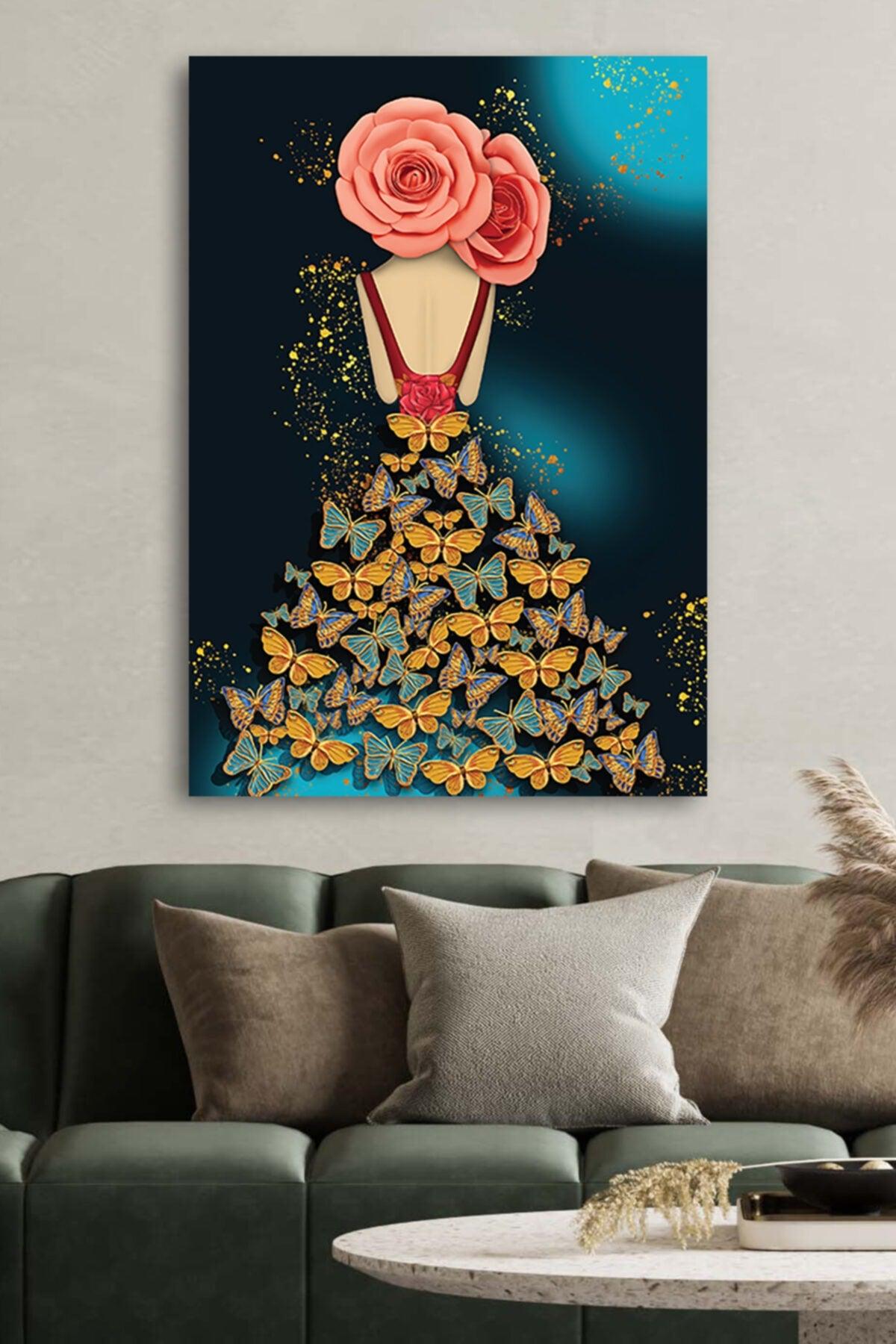 Canvas Printed Decorative Rose Head Butterfly Skirt Woman Home Office Hotel Decor Gift Painting - Swordslife