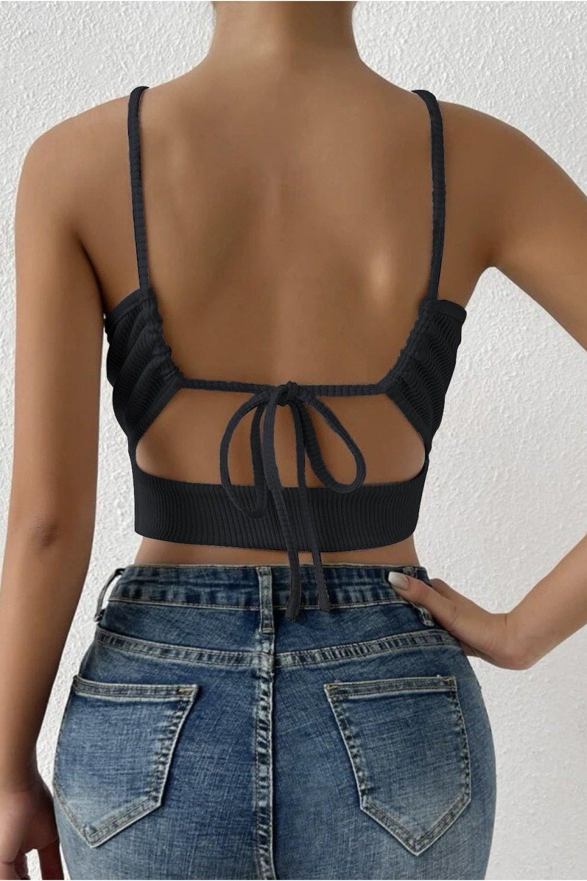 Women's Black Camisole Backless Belted Crop Top Blouse - Swordslife