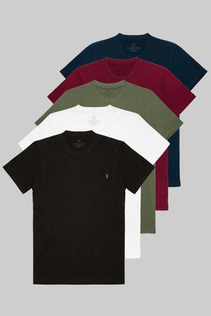 Standard Pattern Basic Crew Neck Embroidery Detailed 5-Pack T-Shirt