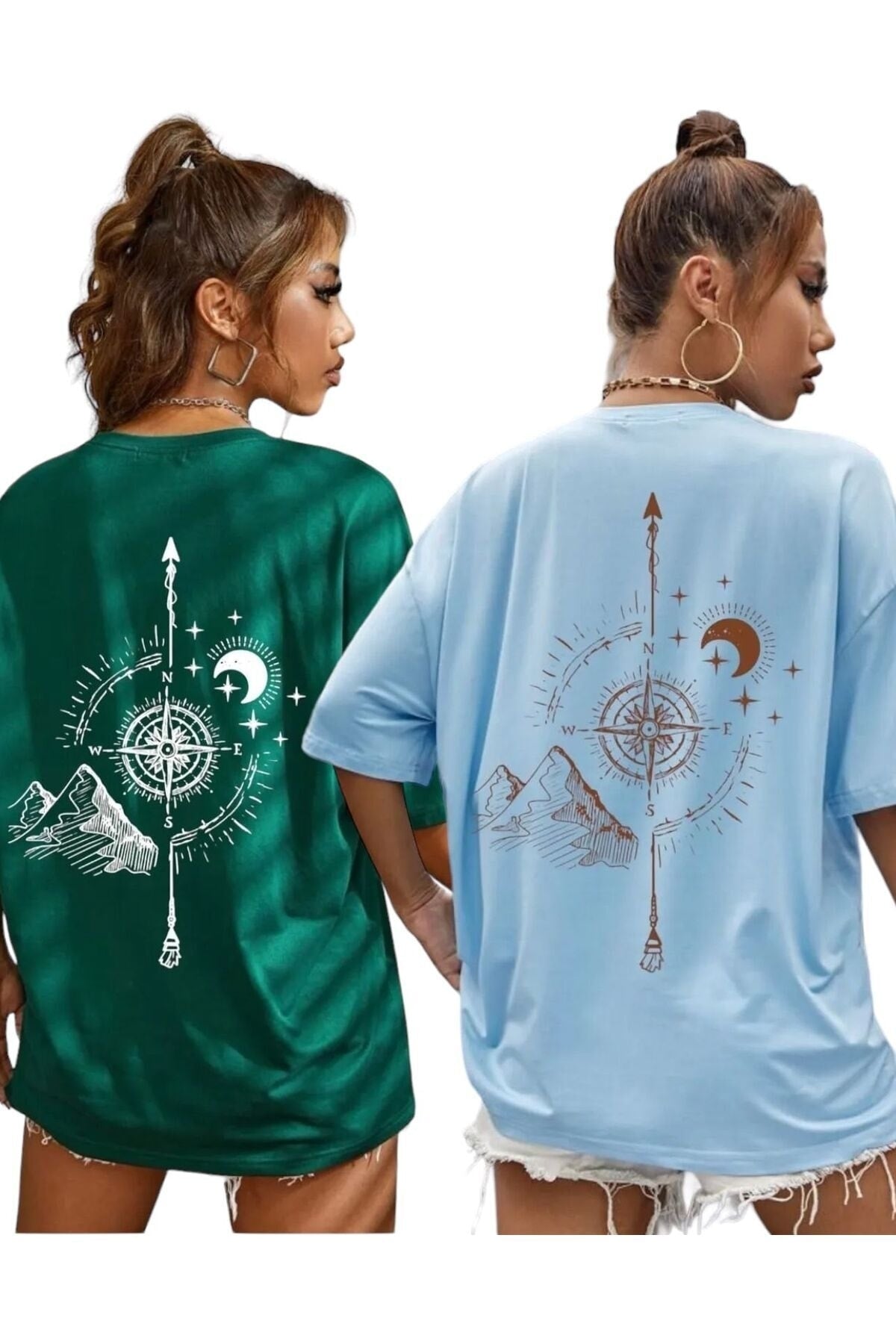 Compass Printed Oversize Unisex T-Shirt 2 Pack (2 Pcs)