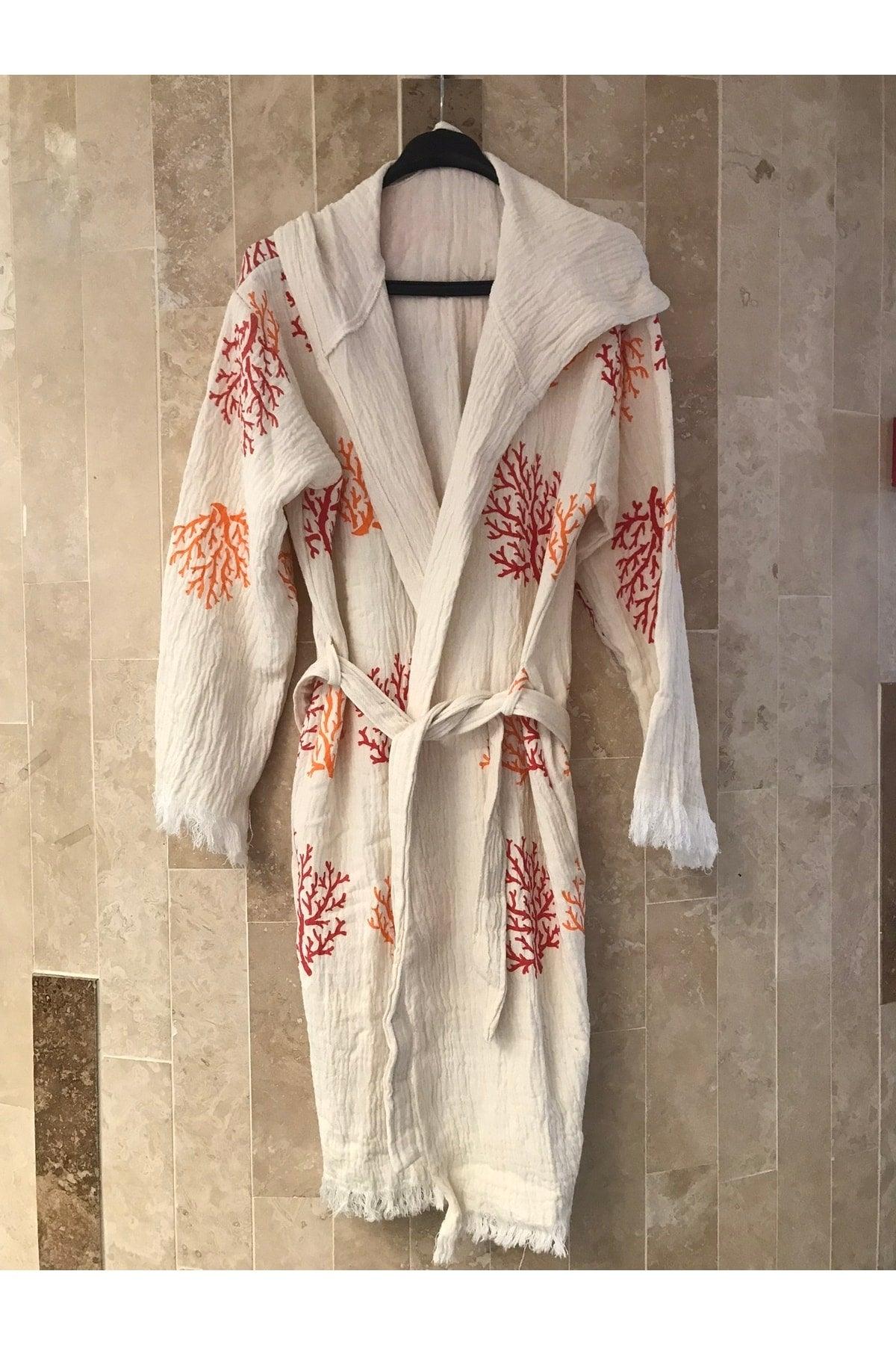 Orange Color Coral Printed Muslin Fabric Bathrobe - Swordslife