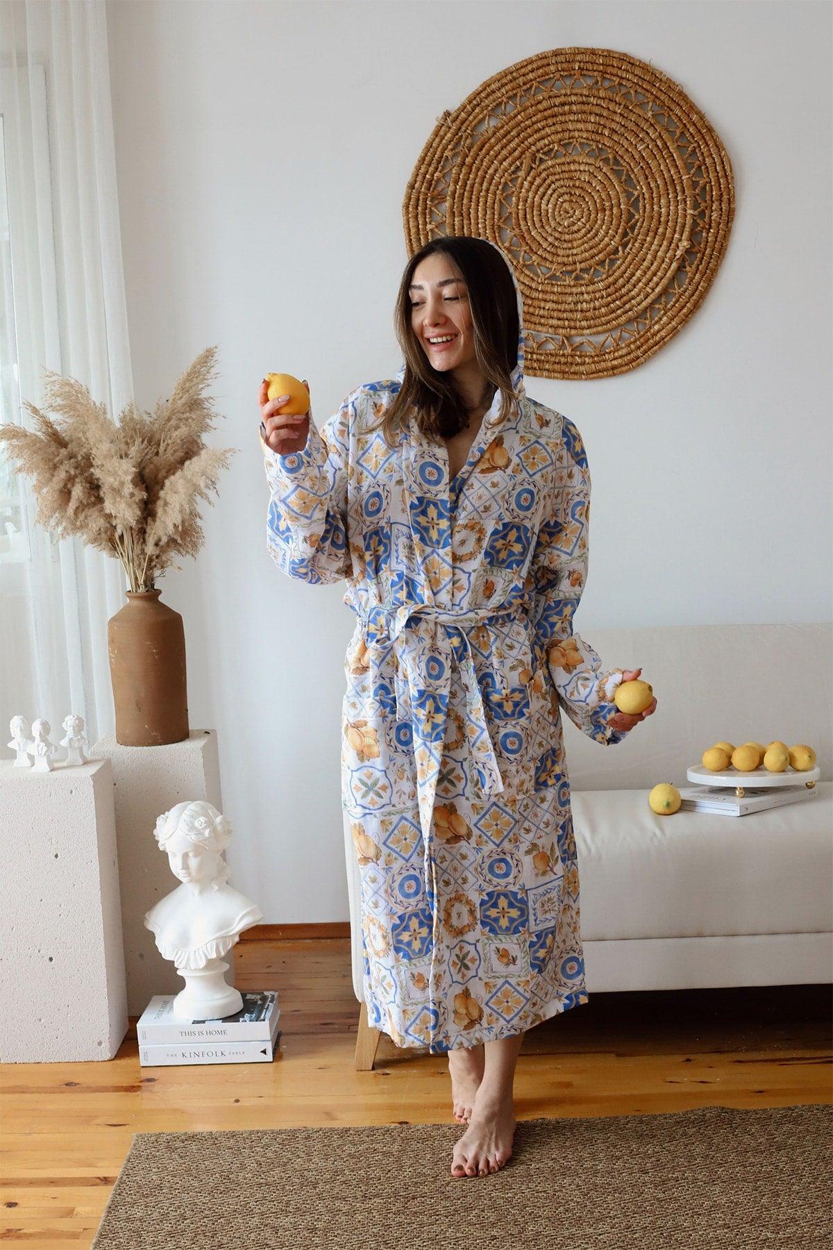 Adult Patterned Muslin Bathrobe, Special Design 100% Cotton 2 Layers Double Sided Hooded - Swordslife