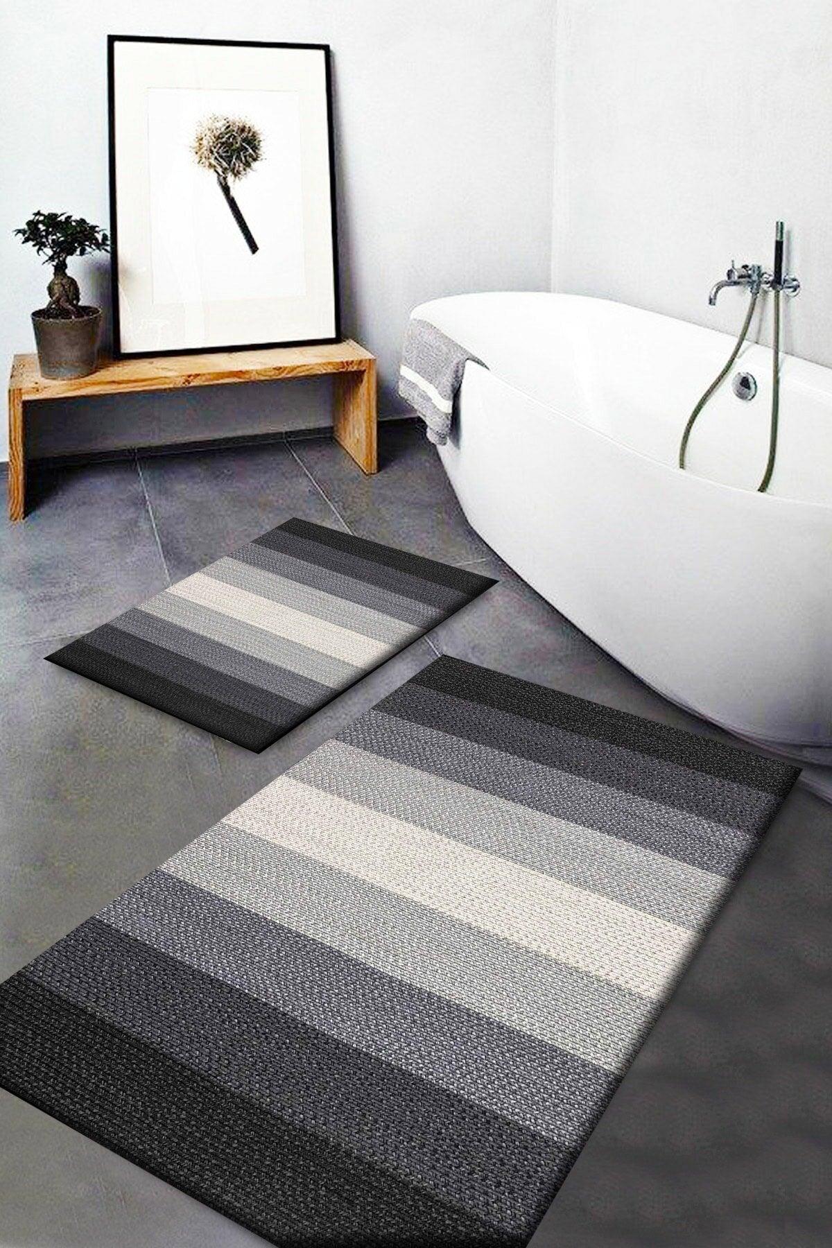 Else Gray Black Cream Knitted Pattern Washable Non-Slip Bath Mat 2-Paper Closet Set Carpet Dts-34 - Swordslife