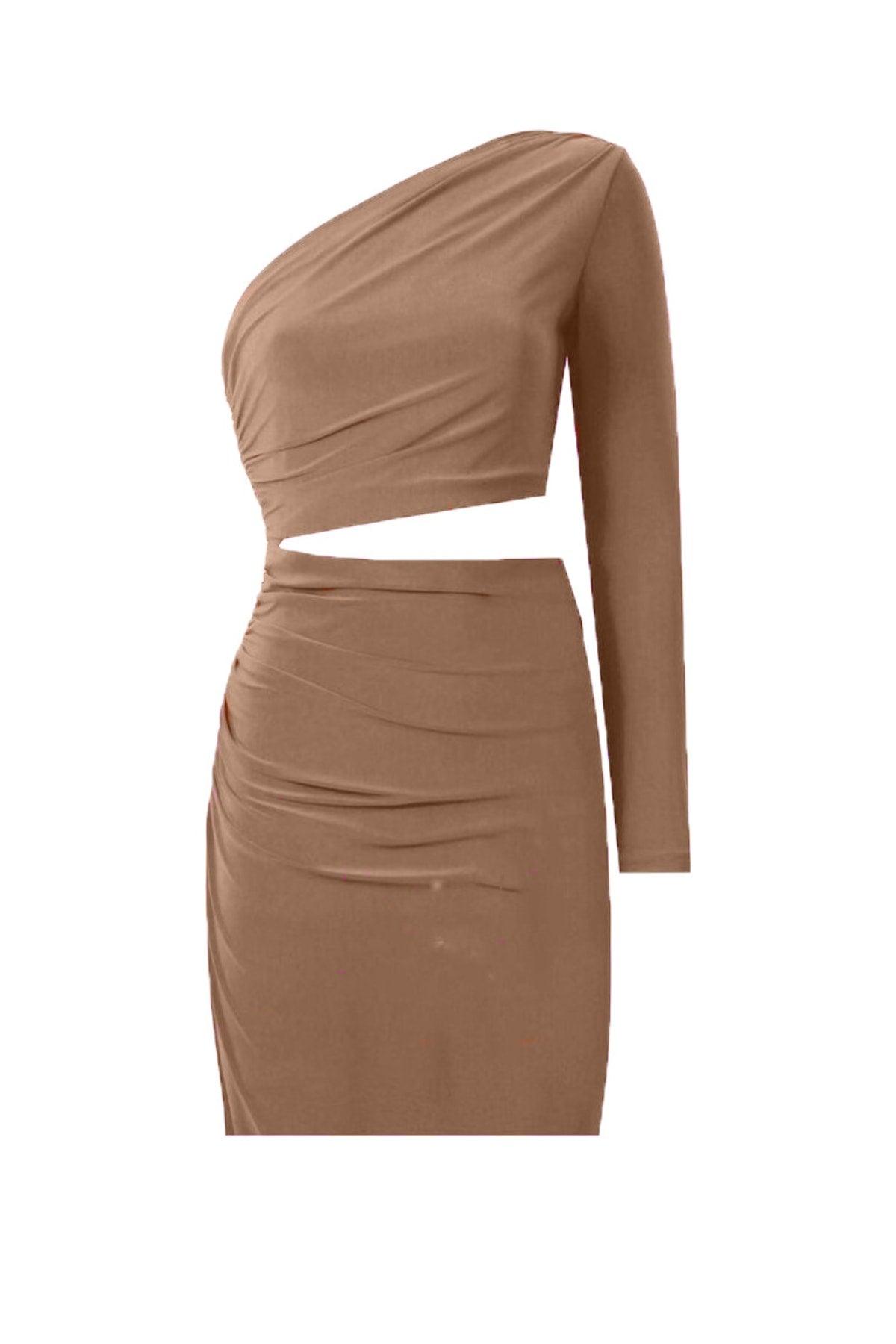 Stone Color Single Sleeve Side Draped Belly Window Mini Evening Dress - Swordslife