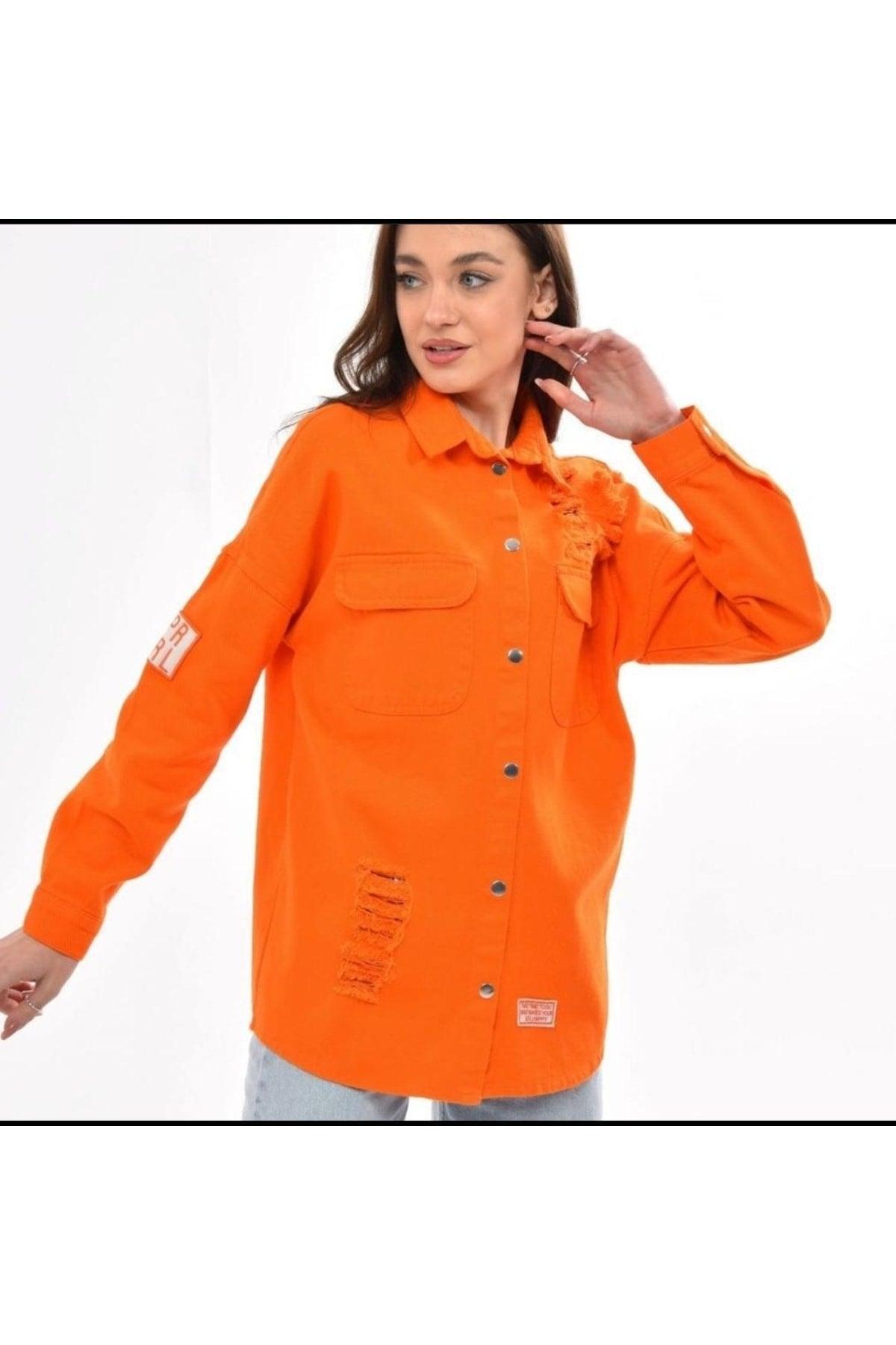 Women's Orange Boyfriend Oversize Worn Denim Jeans Denim Jacket - Swordslife