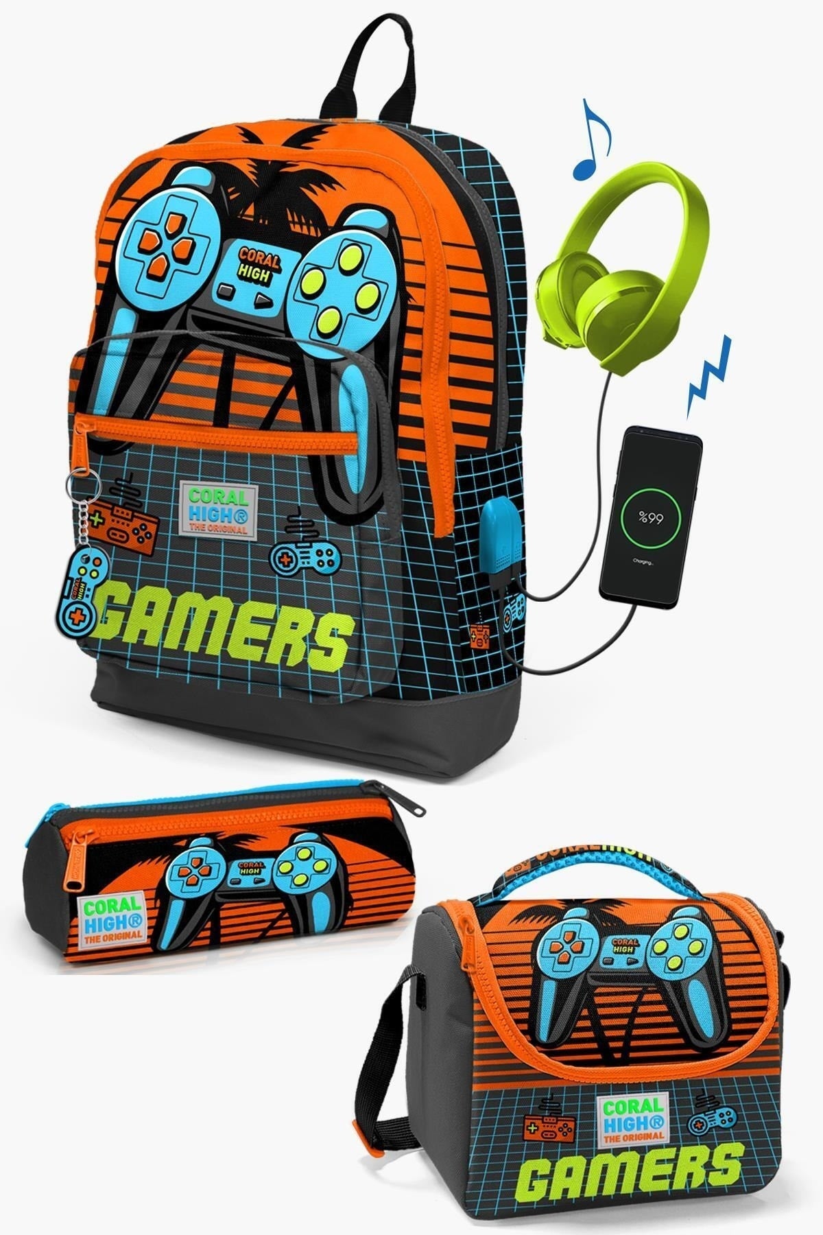 Kids Gray Orange Gamer Patterned Usb 3 Pcs School Bag Set Set0123846
