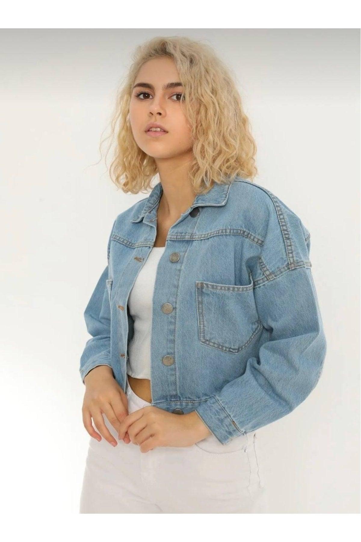 Blue Women's Crop Denim Jacket - Swordslife