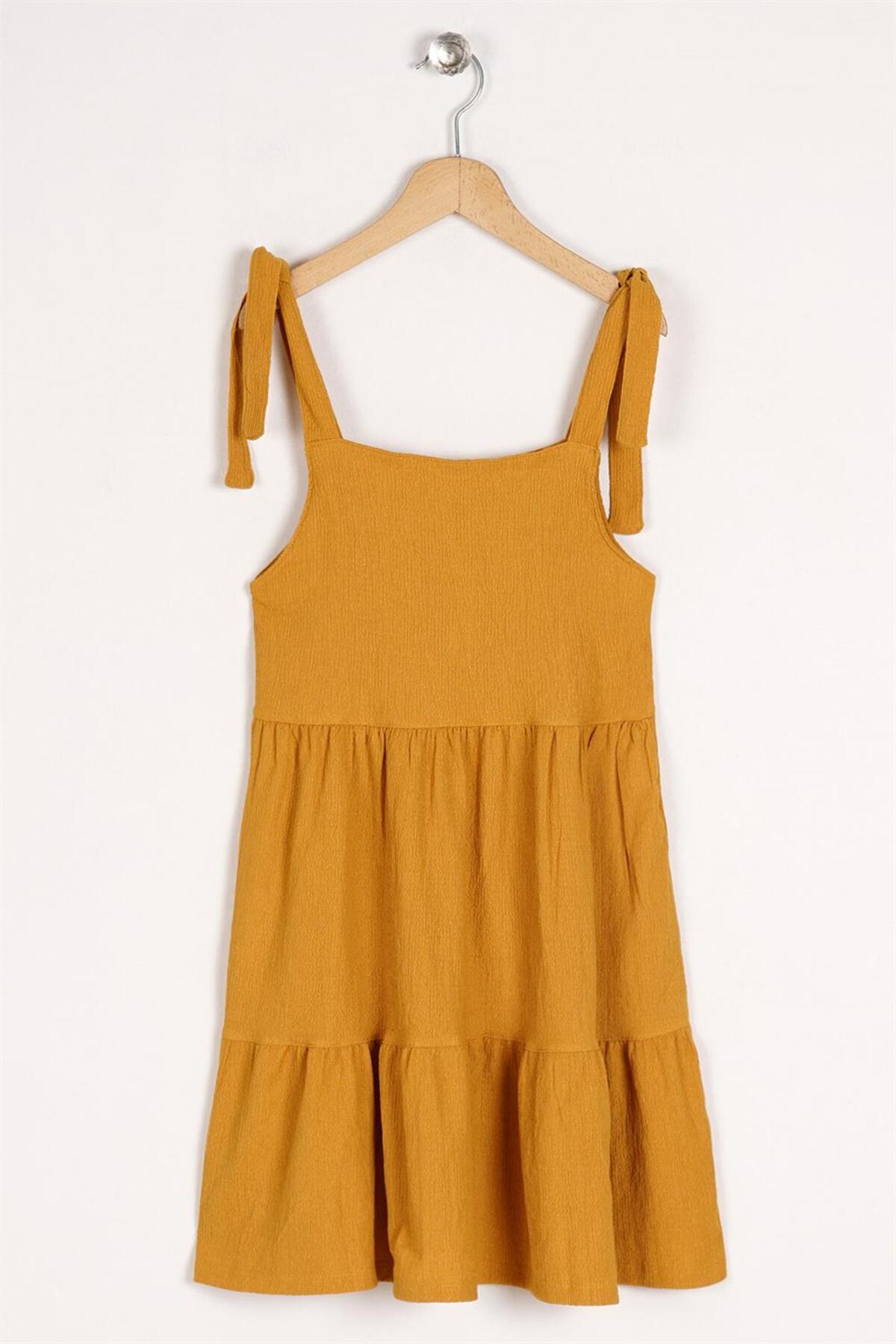 Girl Mustard Colored Strap Front Button Detailed Dress