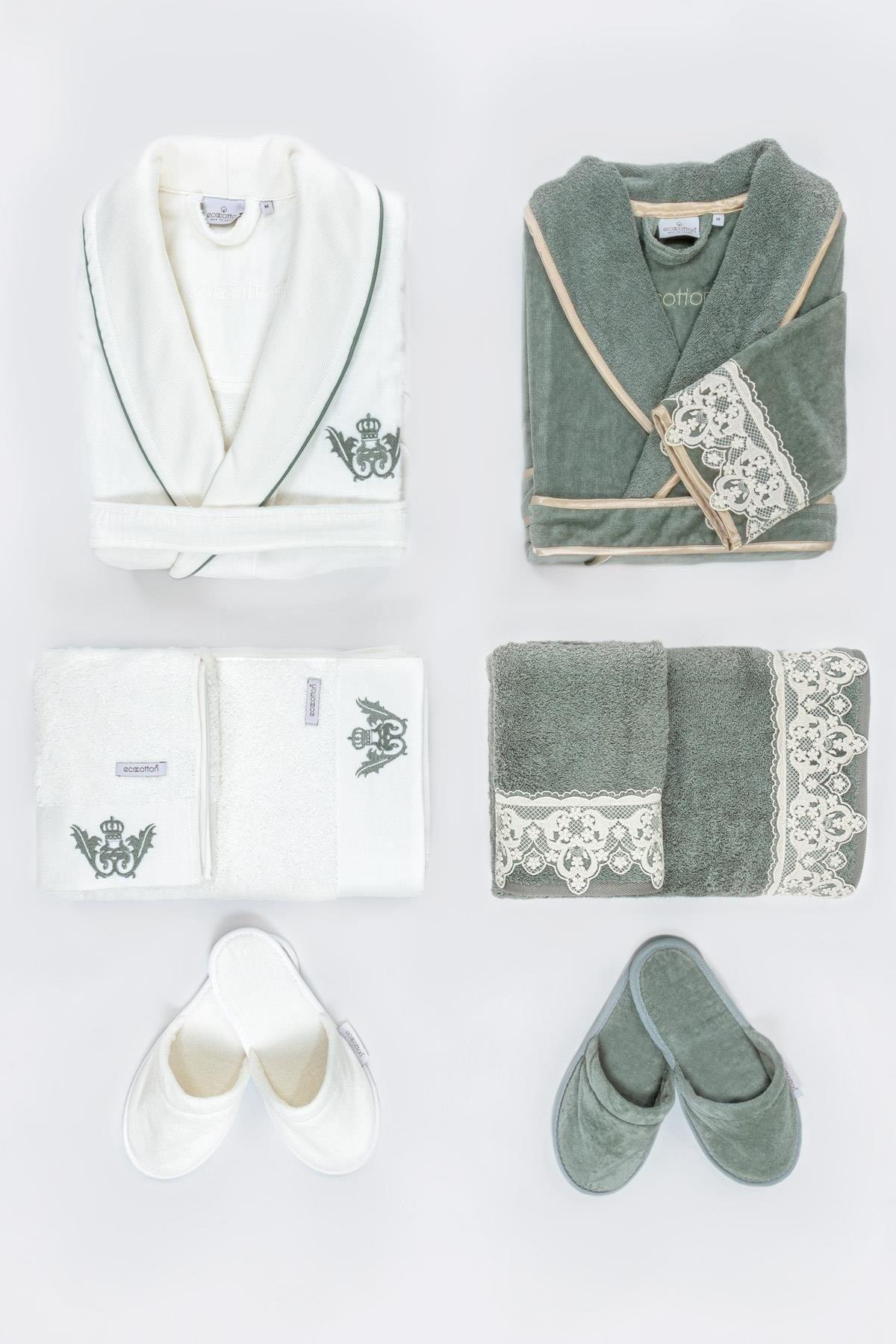 Azra Family Bathrobe Set 100% Organic Cotton Embroidered Green/cream - M/l - Swordslife