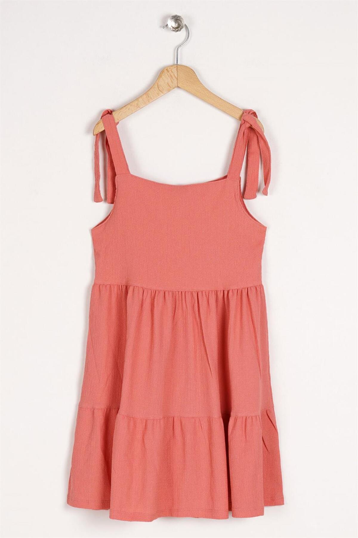 Girl's Dried Rose Colored Strap Front Button Detailed Dress