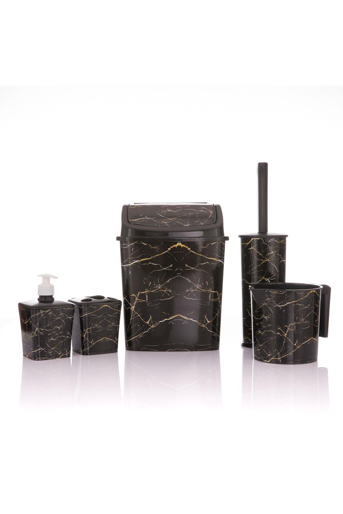 Bathroom Set 5 Pcs. Trash Can Wc Toilet Brush Cup Soap Dispenser Brush Holder 5 Pcs. Black Marble Patterned - Swordslife