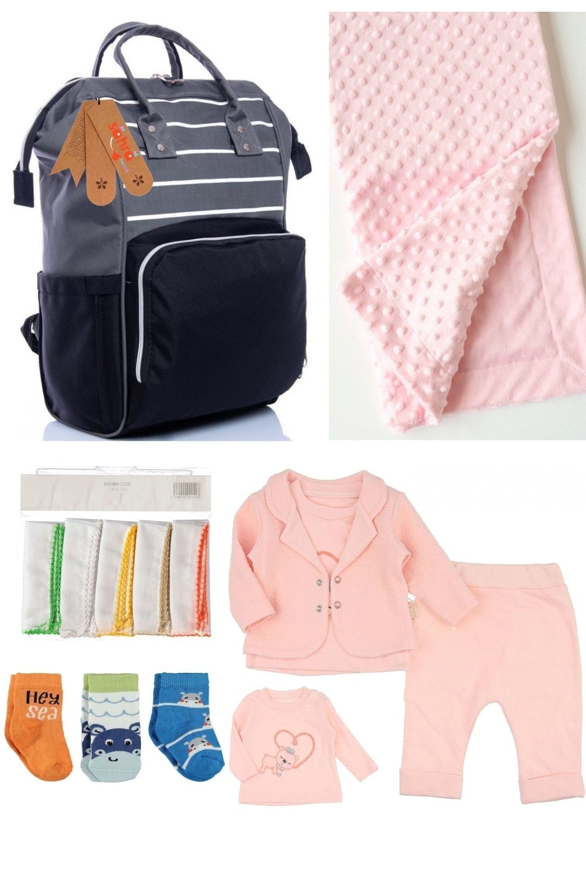 5 Piece Maternity Set (Baby Care Backpack, Hospital Exit, Chickpea Blanket, 10 Wipes and 3 Socks)