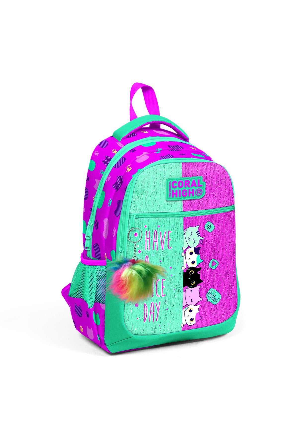 Kids Pink-Water Green Three Compartment School Bag 23490
