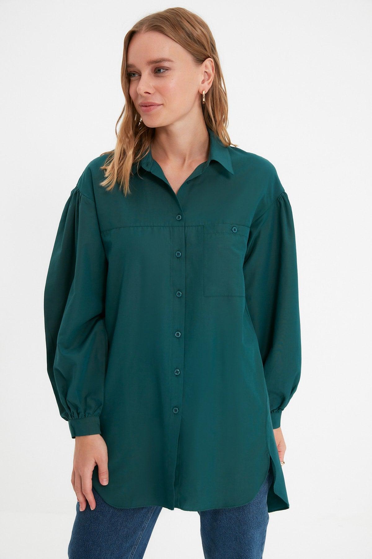 Green Balloon Back Sleeve Long Pocket Detailed Basic Woven Shirt TCTSS21GO0976 - Swordslife