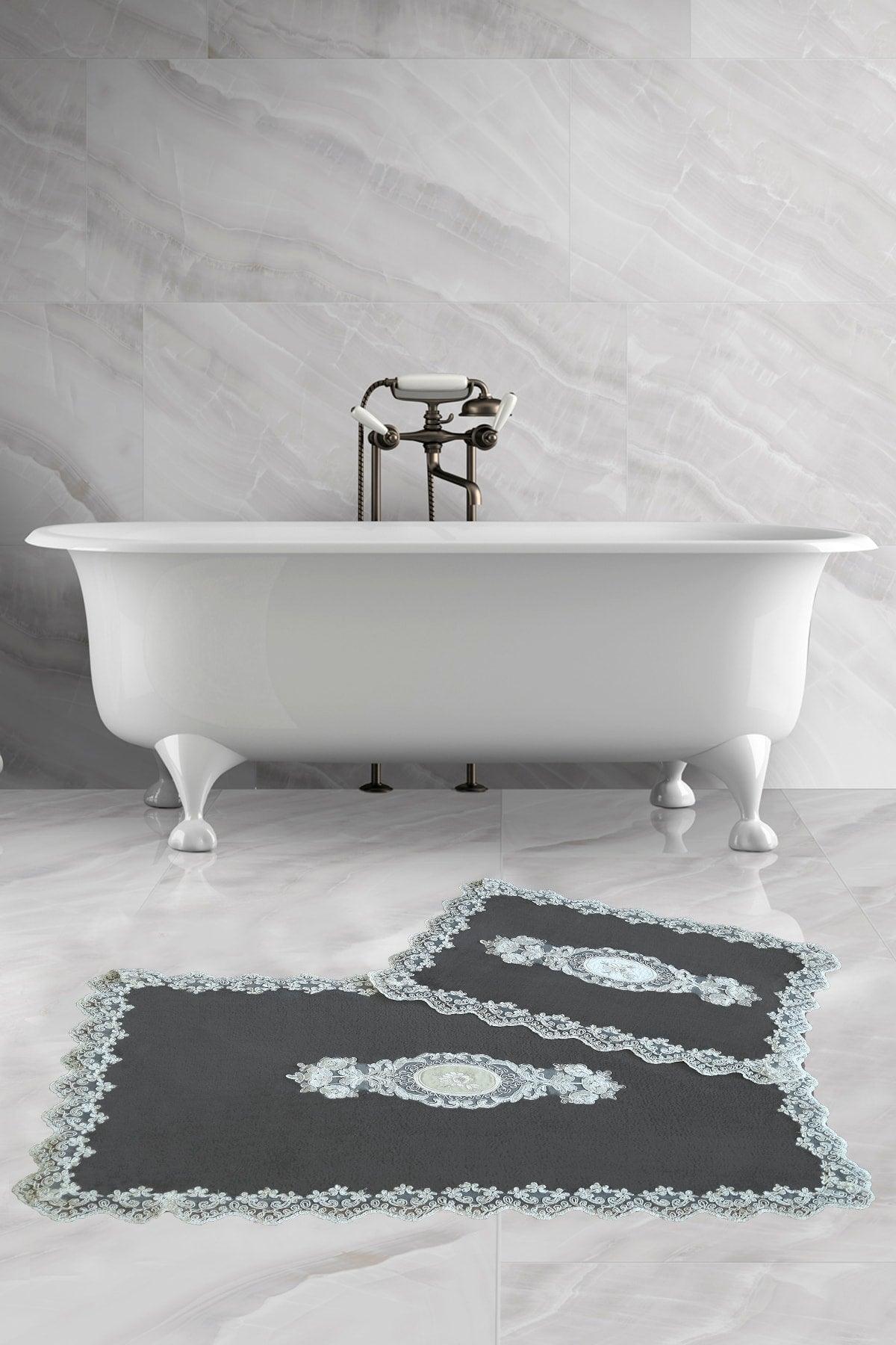 Lisa Cornered Anthracite 2-Piece French Lace Bath Mat Set Dowry Closet Set - Swordslife