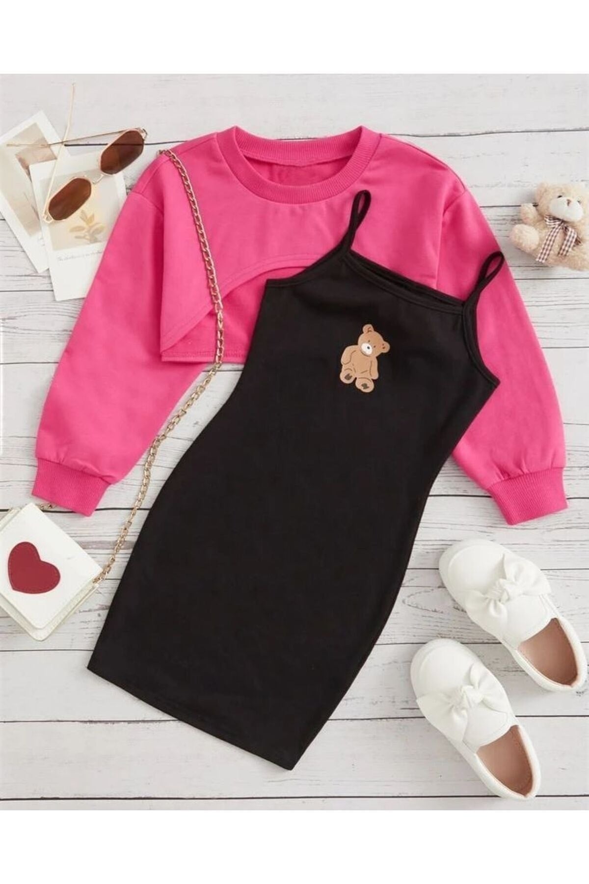 Teddy Bear Print Dress & Crop Sweat Combination