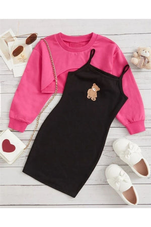 Teddy Bear Print Dress & Crop Sweat Combination