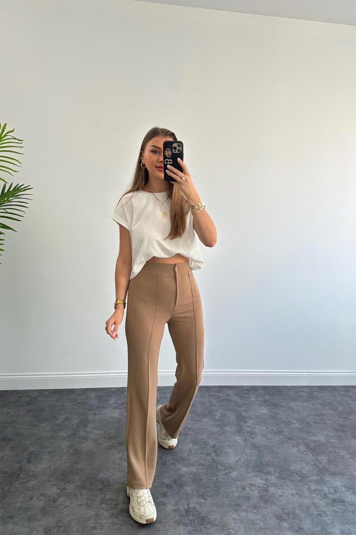 Ultra High Waist Crepe Fabric Lycra Palazzo Trousers Camel - Swordslife