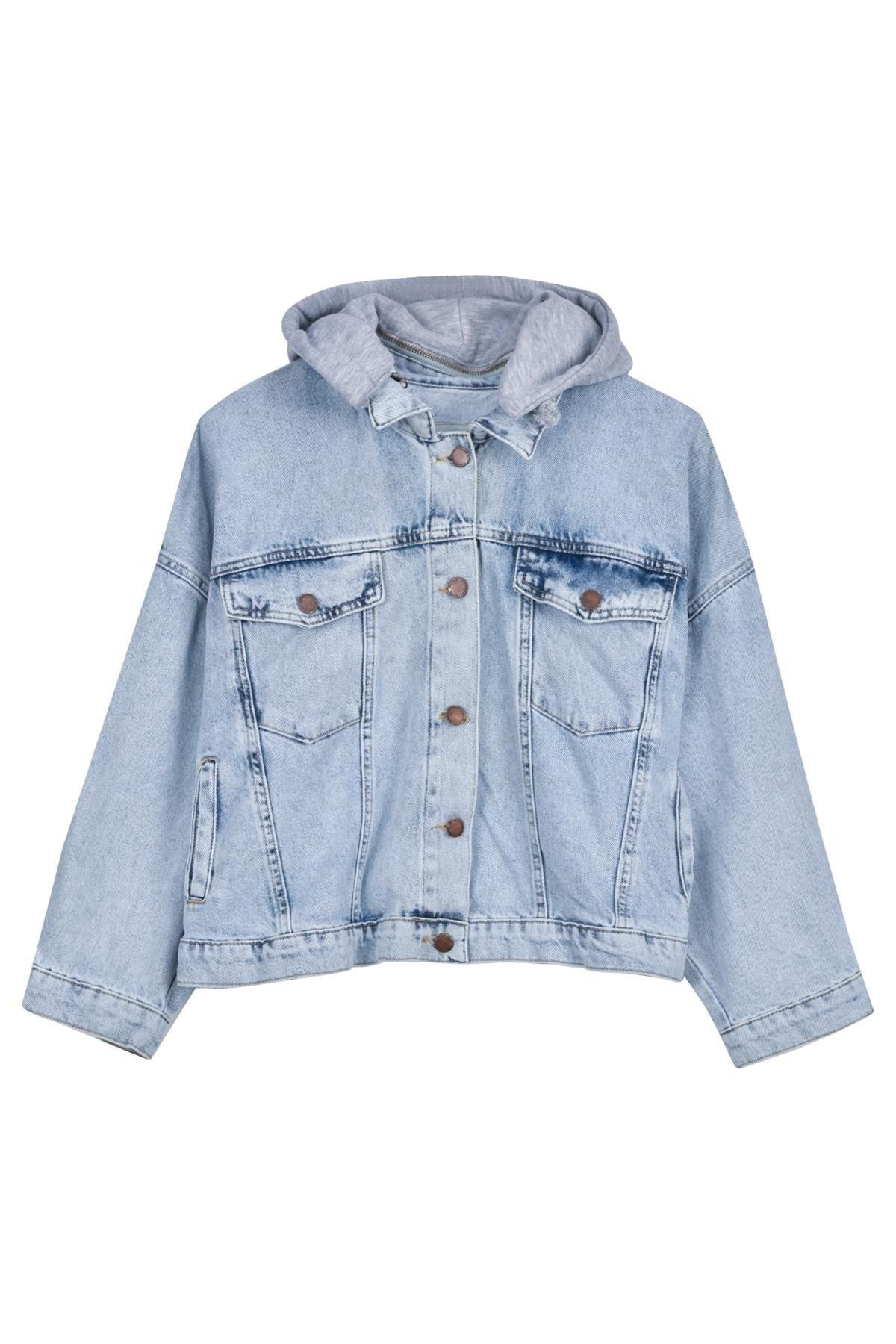 Hooded Oversize Denim Jacket Ice Blue - Swordslife