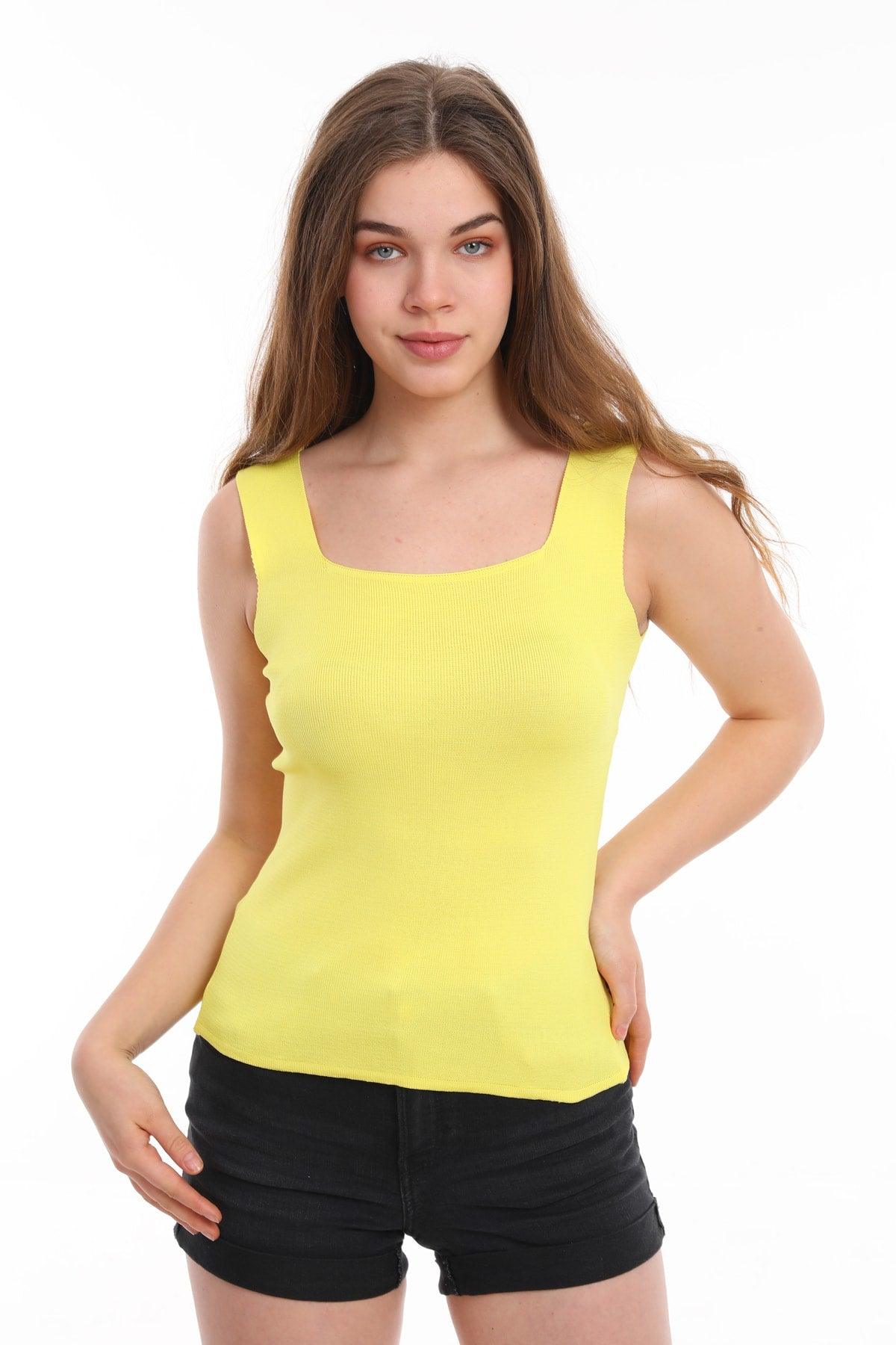 Women's Yellow Tank Top Thick Strap Singlet Slim Summer Square Collar Knitwear - Swordslife