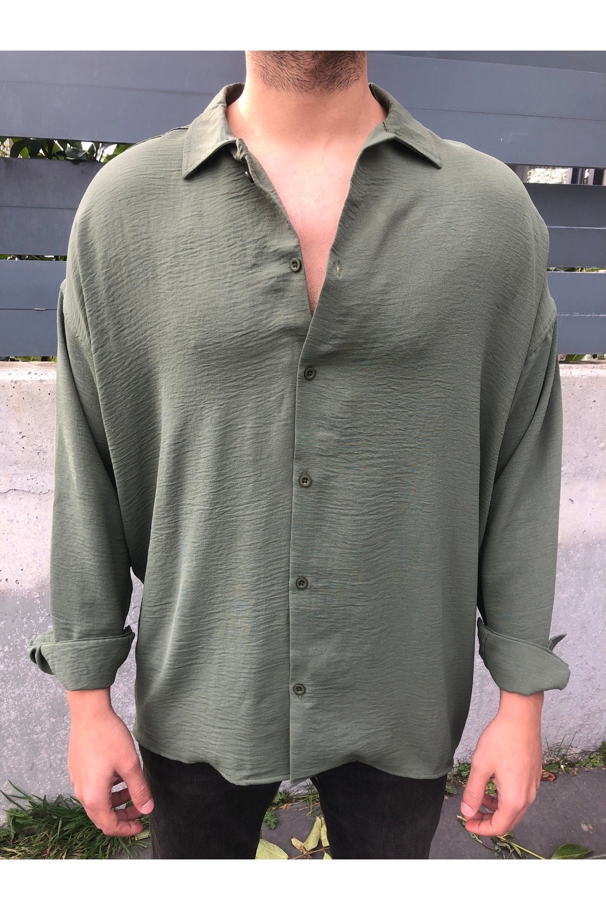 Men'S Khaki Linen Aerobin Loose Fit Oversized Loose Shirt