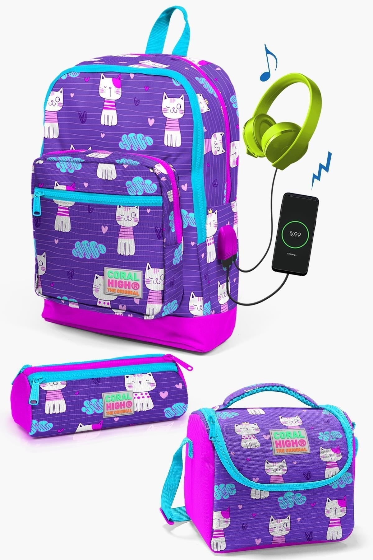 Kids Purple Pink Cat Patterned Usb 3-Piece School Bag Set Set0123264