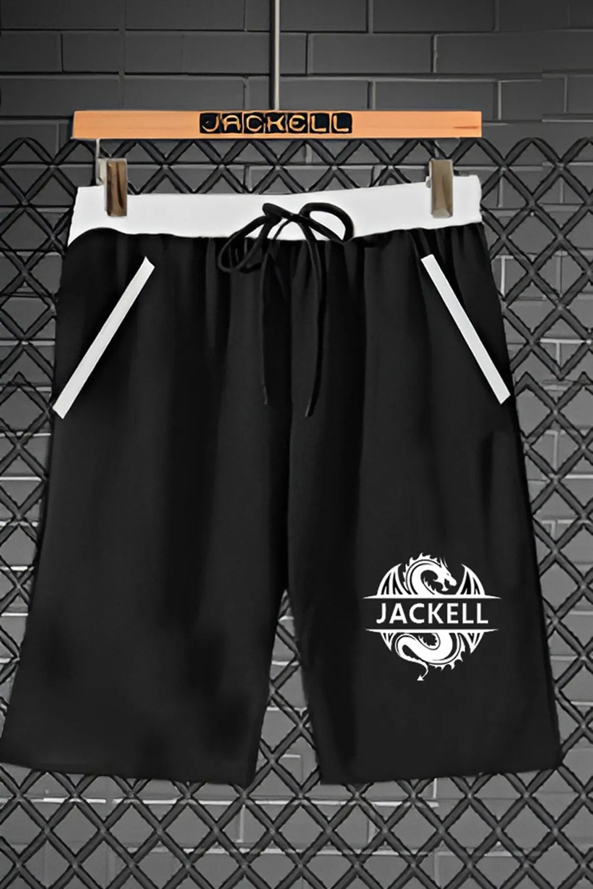 Black Men'S Pocket Zipper Red Printed Sports Shorts
