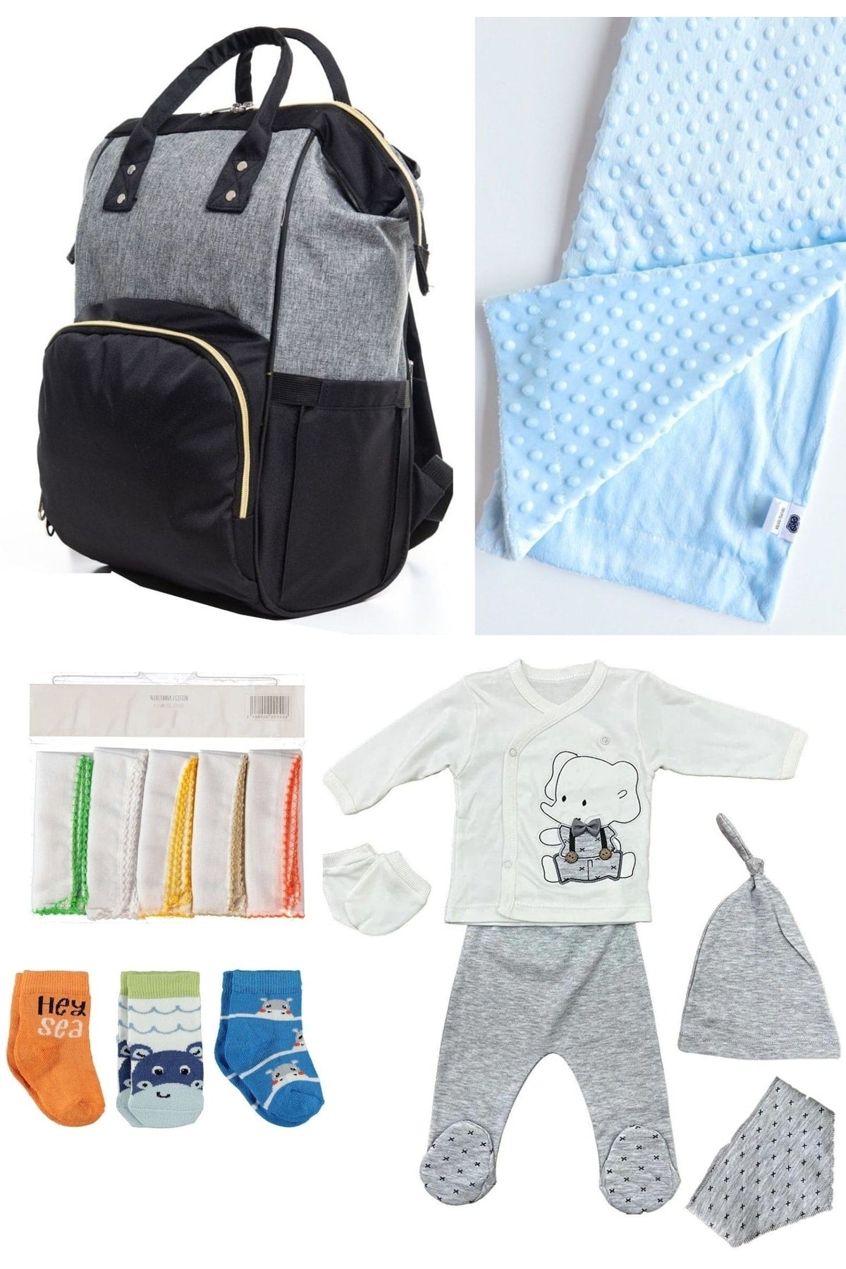 5 Piece Maternity Set (Baby Care Backpack, Hospital Exit, Chickpea Blanket, 10 Wipes and 3 Socks)