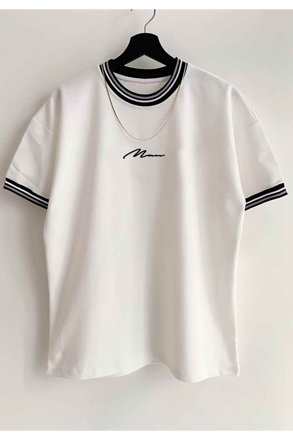 Men'S New Season Oversize Man Hand Written Pattern Collar Detailed Summer T-Shirt