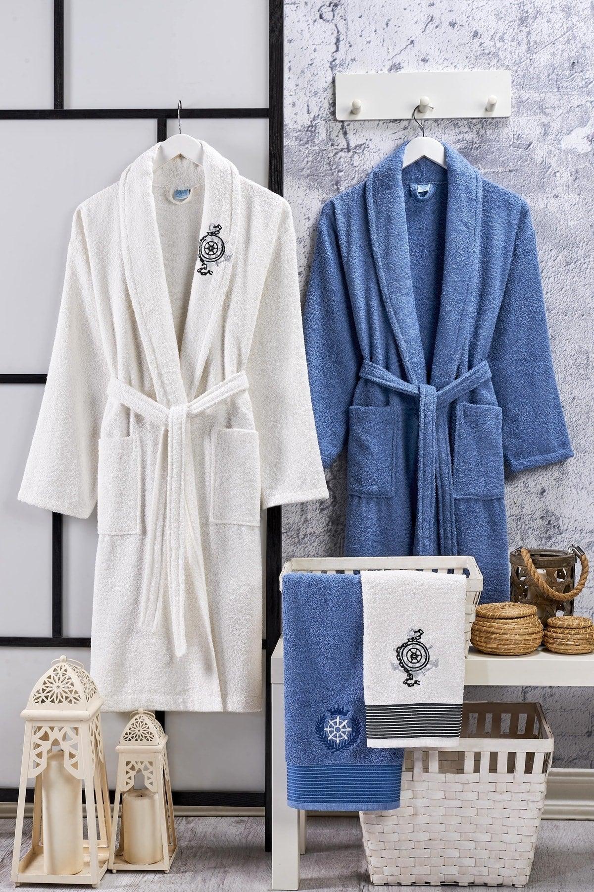 100% Cotton 4-Piece Family Bathrobe Set Bathrobe Set Dowry Set Midnight Blue And Cream - Swordslife