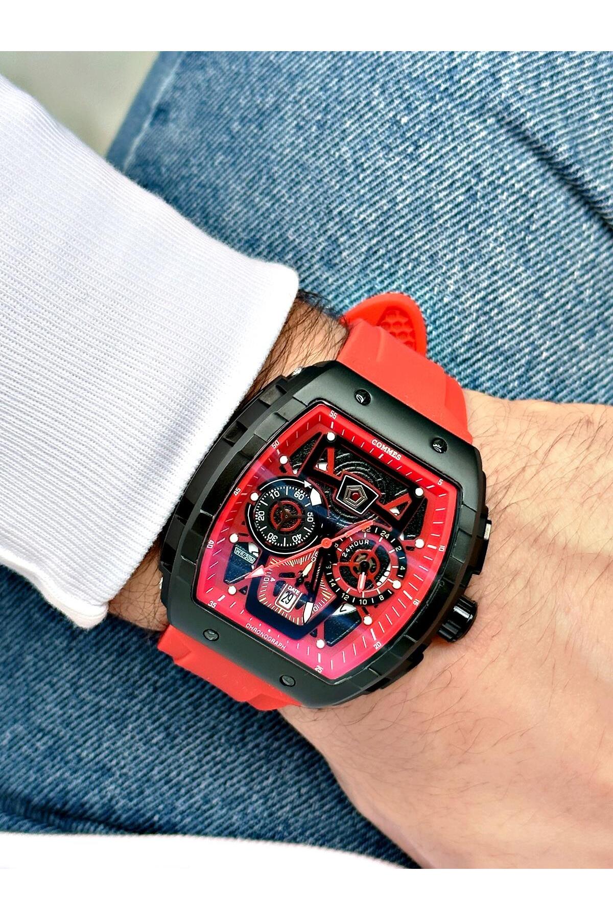 Men'S Classic Wristwatch With Silicone Strap Red Color Stopwatch Calendar 0376-Kbk