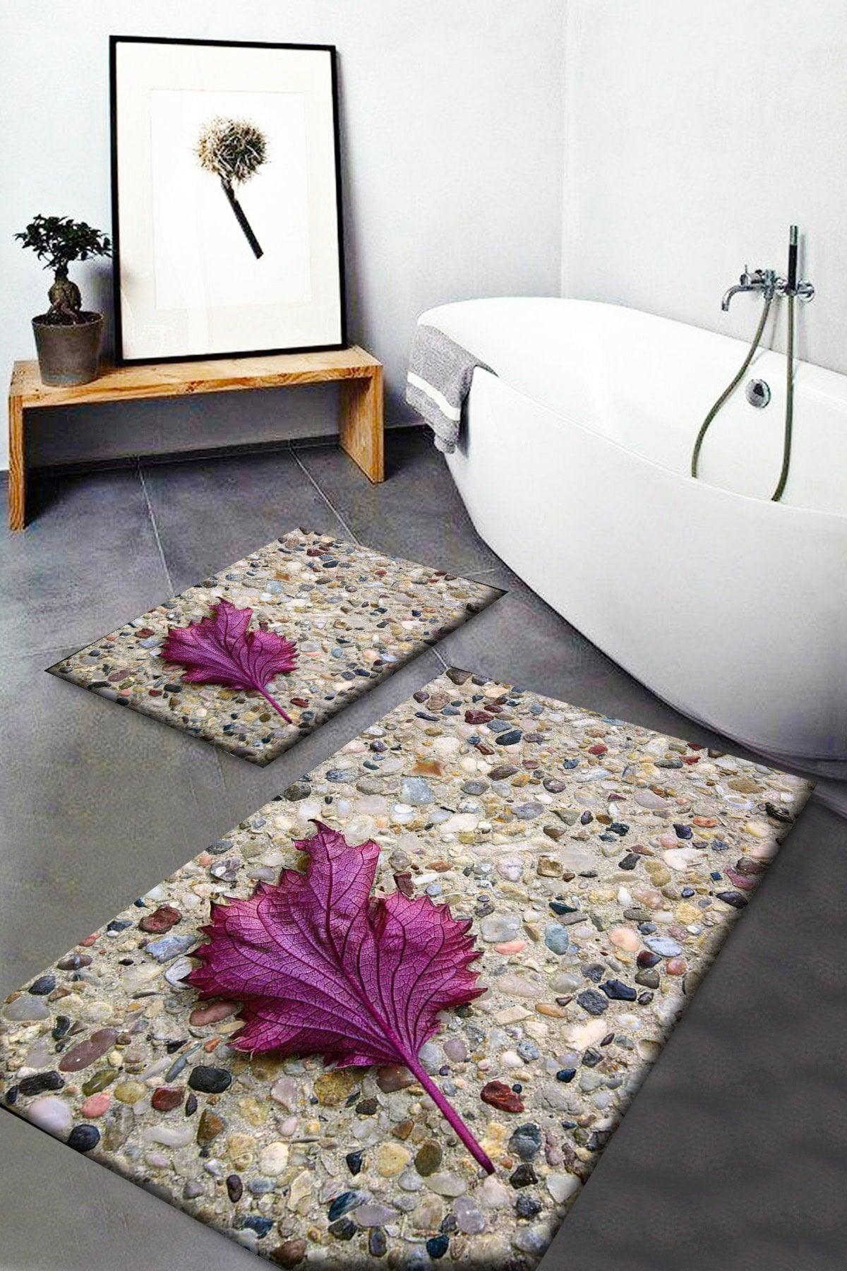 Osso Purple Leaf Patterned Washable Non-Slip Base 2 Bathroom Carpet Doormat Closet Set - Swordslife