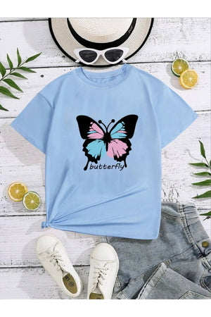 Crew Neck New Butterfly Printed Girl'S T-Shirt