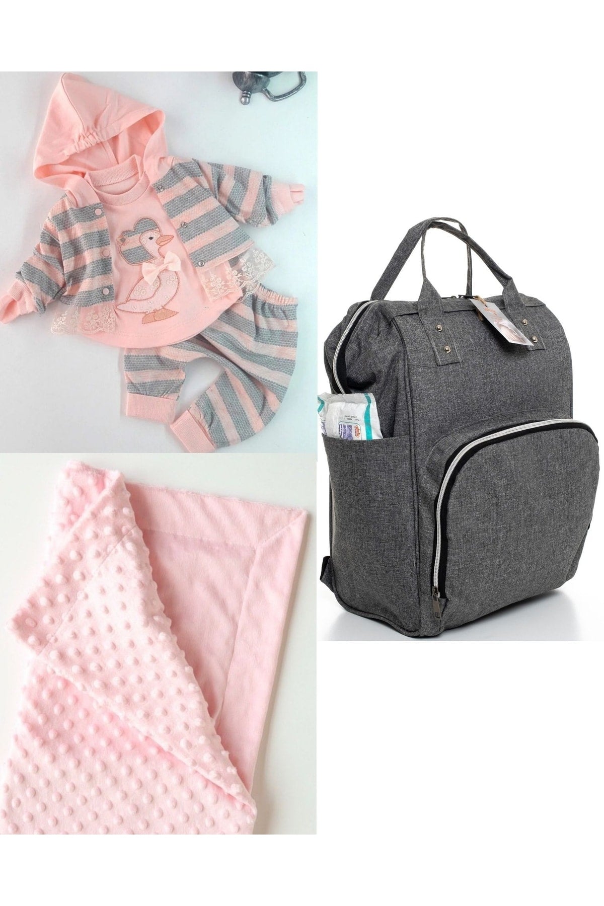 Functional Mother Baby Care Backpack, 100% Cotton Hospital Outlet And Chickpea Blanket Set