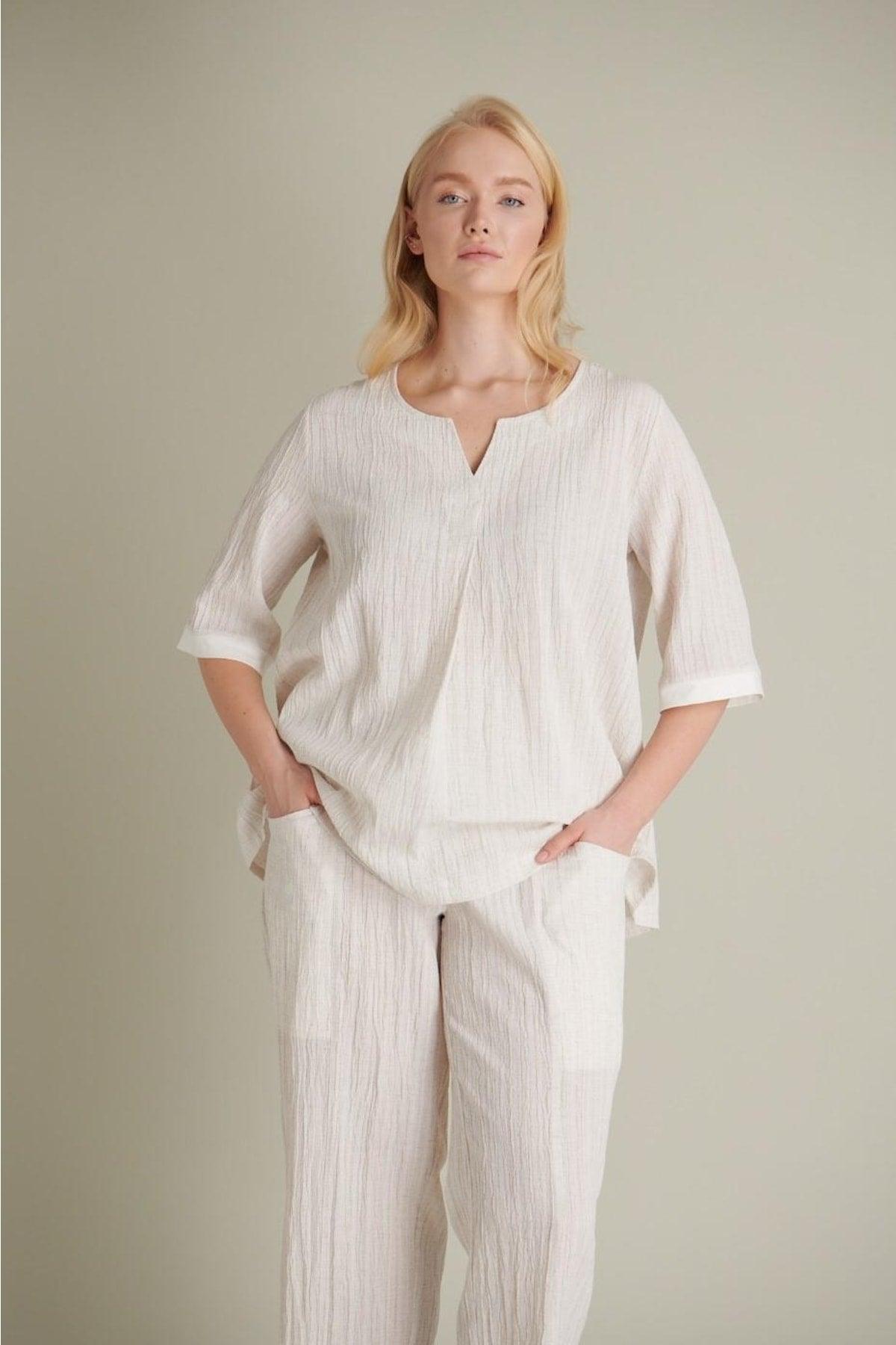 Women's A Pleated V-Neck Ecru Linen Blouse - Swordslife