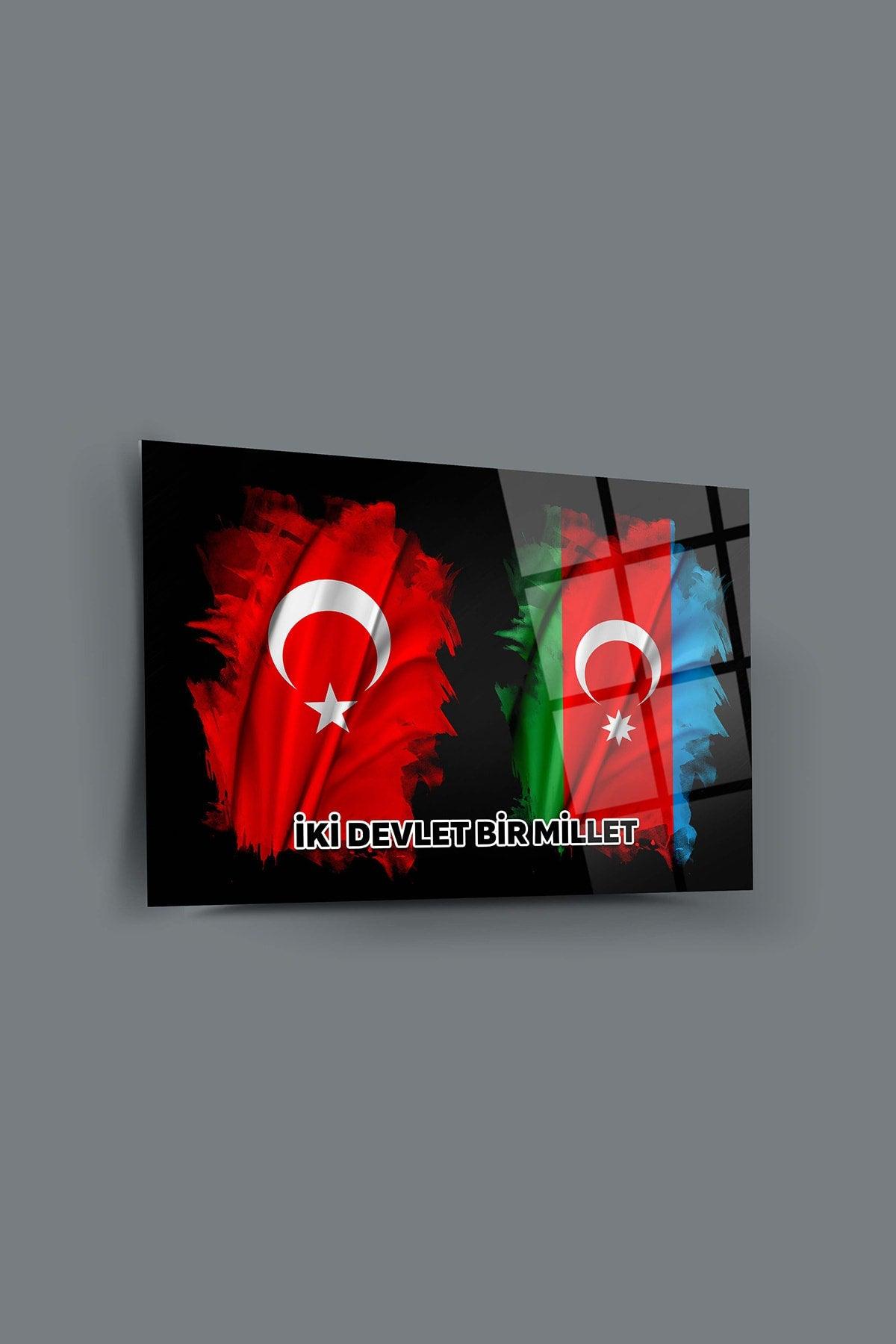 Turkish And Azerbaijani Flag Glass Painting-Azerbaijan Flag Painting-Two States One Nation Painting - Swordslife