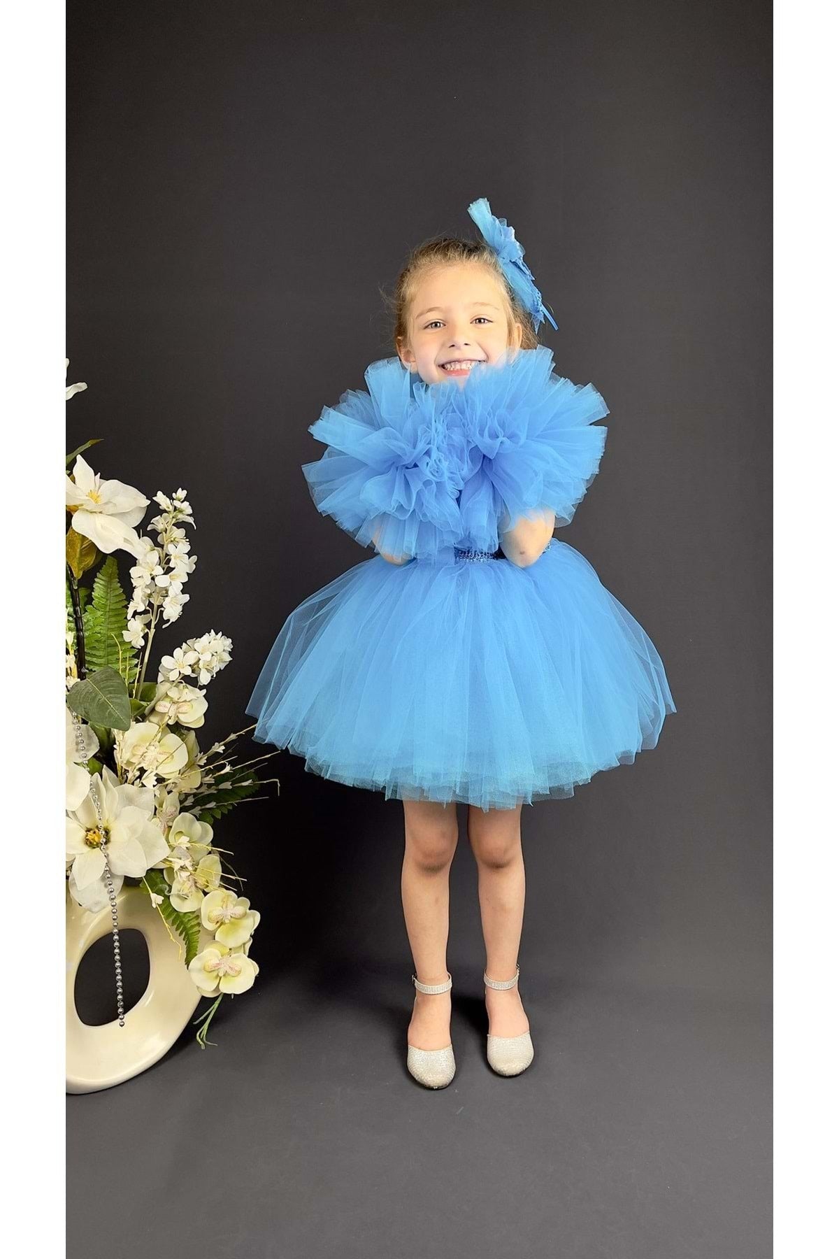 Chiffon Robe Pompom Sleeve Sequined Girls Fluffy Skirt Tulle Evening Dress Blue