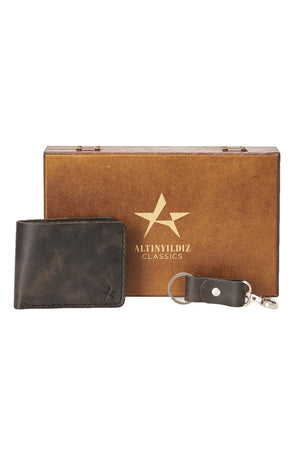 Men'S Black 100% Genuine Leather Wallet Keychain